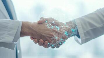 Handshake enhanced with digital network visualization suggests a merger or partnership within technology or science field. photo