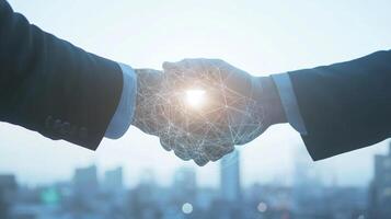 Handshake signifies a successful agreement, merging human connection with digital networks, set against a modern urban backdrop. Partnership thrives. photo