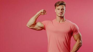 Confident athletic man with strong biceps, flexes his muscle in front of a pink background. Toned body and healthy lifestyle. photo