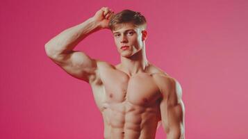 A muscular man poses against a vivid pink backdrop, flexing to showcase his physique. The image highlights the man's fitness and body composition. photo