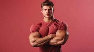 Fit physique is evident with the man posed against a coral backdrop, muscles flexing and arms crossed, confident and ready to tackle challenges. photo
