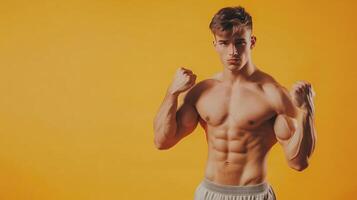 Shirtless model flexing biceps against an orange backdrop, showcasing fitness and physique with defined abs and muscular build. photo