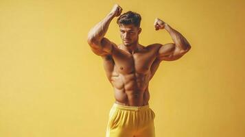 Toned man flexing muscles. Bodybuilder posing against a bright yellow backdrop showing off physique and strength with determined expression. photo