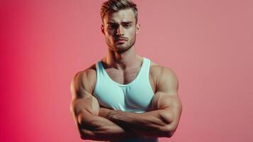 Muscular man with crossed arms wearing a white undershirt with a confident, forward-facing pose against a solid pink background. photo