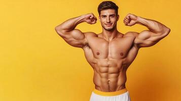 Fitness model flexing strong muscles against a vibrant yellow background. Confident, shirtless man showing off impressive physique photo