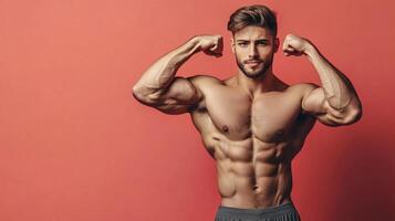 Muscular man flexing. Fitness model showcasing toned physique and body. Achieving peak physical condition through training. photo
