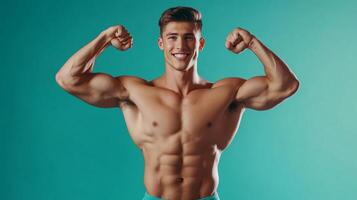 Athletic man with muscular physique flexing biceps. Demonstrating power, fitness and dedication on a vibrant blue background. Focused on health. photo