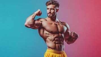 Muscular man flexing arms and abs, set against a gradient blue and red background, displaying fitness and strength. photo