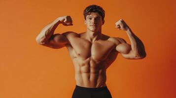 Muscular Man Flexing. A shirtless man strikes a pose, showcasing his toned physique with defined abs and sculpted muscles. photo