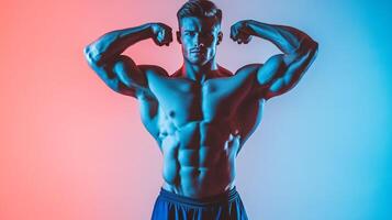 Muscular man flexing biceps and abs, lit with vibrant blue and red lights. Strength and fitness showcased in a dynamic studio shot. photo