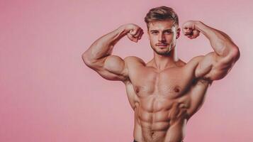 Muscular man flexing his biceps. He stands with confidence against a solid light red color backdrop, showcasing fitness and power. photo
