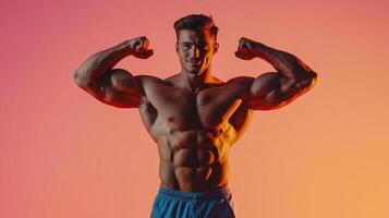Muscular man flexing his biceps, showcasing well-defined abdominal muscles and a confident smile against a vibrant, warm-toned backdrop. photo