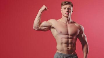 A fit young man flexing his impressive muscles against a red background, showcasing strength and dedication to fitness. Physique on display. photo