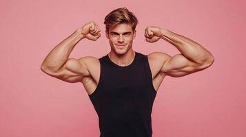 Muscular man flexing biceps in front of pink background. He wears a black tank top and has a confident smile, showcasing fitness. photo