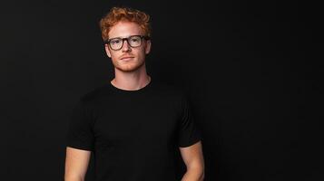 Portrait of a redhead man with glasses wearing a plain black t-shirt against a black background, photographed in a studio setting. photo