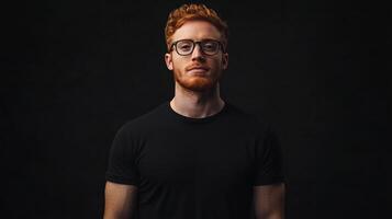 Focused portrait of a man with red hair and glasses against a dark backdrop, radiating confidence and style in a minimalistic setting. photo
