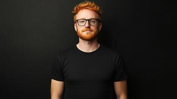 Portrait of a ginger man in black t-shirt against black background. He has glasses and a neatly trimmed beard. Looking straight at camera. photo