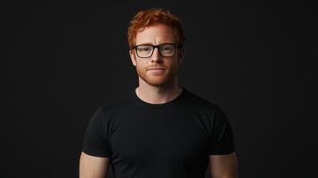 Red-haired man with glasses, wearing a black t-shirt, posing against a dark background, looking directly at the camera. Studio shot. photo