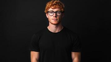 Ginger-haired man wearing glasses and a black shirt, posing against a dark backdrop with a serious expression on his face. photo