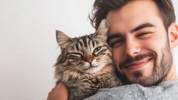 Happy man lovingly holds a winking tabby cat against a simple white backdrop, showing a moment of warmth and gentle affection. photo