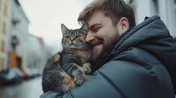 Man happily embraces his tabby cat, creating a heartwarming moment of love and companionship on an overcast day near some old buildings. photo