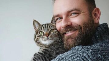 Bearded man affectionately cuddling his striped tabby cat, a picture of happiness and companionship against a plain neutral backdrop. photo