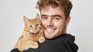 Happy man cuddling with ginger kitten, smiling bright, showcasing heartwarming bond in a bright, cheerful, pet-friendly scene. photo