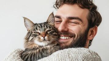Smiling man embraces fluffy tabby cat, showcasing a heartwarming moment of connection and joy, symbolizing companionship and affection. photo
