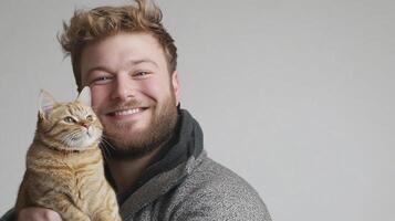 Portrait of smiling man with curly hair holding a tabby cat, against a plain background. Man with cat. photo