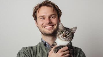 A smiling man holds his cute tabby cat. The cat is looking directly at the camera, contrasting with the man's warm and friendly expression. photo