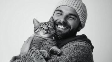 A happy man in a beanie is holding a contented tabby cat in his arms. They are both smiling and the cat looks very relaxed. photo