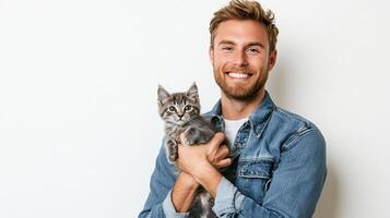 Smiling man in denim shirt holding a grey tabby kitten against a white background, creating a heartwarming, joyful moment. photo