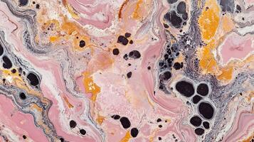 Fluid art pattern with pink, orange, and grey hues, interspersed with black circular shapes creating an abstract marbled texture. photo