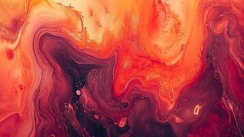 Fluid abstract art with fiery hues evokes molten rock. Swirling patterns of red, orange, and burgundy create depth and movement. photo