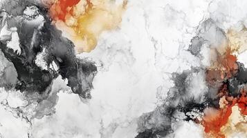 An abstract artwork displaying a blend of grey, orange, and white pigments, showcasing fluid dynamics and organic forms on a canvas. photo