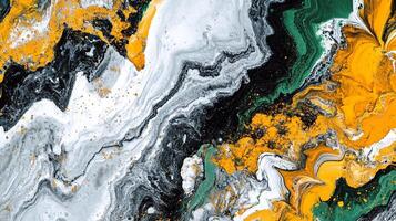 Abstract painting with swirling colors of yellow, black, white, and green creating a sense of movement and depth, a visually dynamic piece photo
