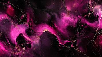 Abstract art featuring dynamic, swirling patterns in striking fuchsia and deep black, accented with delicate gold veining. Modern and luxurious. photo