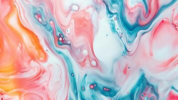 Fluid art creation with swirls of orange, pink, blue, and white creating a mesmerizing abstract pattern and a captivating visual texture. photo