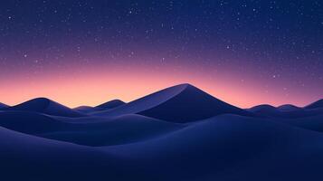 Serene desert landscape with rolling dunes under a starry twilight sky, creating a peaceful and dreamy ambiance. Beautiful scenery. photo