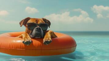 Cool dog floats in a vibrant orange pool ring with style, sporting sleek sunglasses, making the most of a sunny day in the water. photo