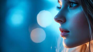 Close-up of a model's face, showcasing subtle makeup and striking blue eyes, set against a blurred blue background with soft bokeh lights. photo