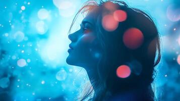 Mystical woman looking up with bokeh lights. Profile of a serene face awash in blue and ethereal light, evoking a dreamlike atmosphere. photo