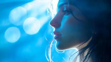 Profile portrait illuminated with soft, cool-toned blue light, showing a serene and delicate beauty. Intimate portraiture at its finest. photo