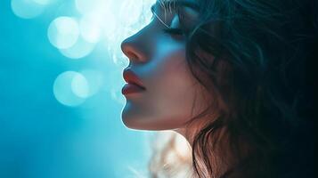 Dreamy profile portrait with bokeh. Soft light illuminates a woman's face, highlighting her features in a serene, ethereal composition. photo