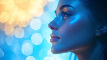 Profile of a woman's face with illuminated skin, a soft glow, and a dreamy look. The background is a soft bokeh of light. photo