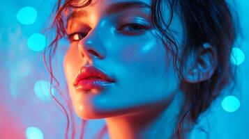 A mesmerizing portrait featuring a woman bathed in a vibrant blend of blue and red neon lights, emphasizing her features and radiant skin. photo