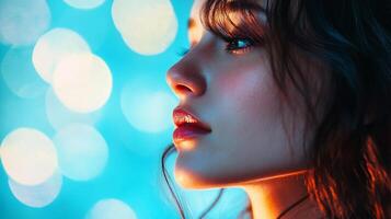 Profile of a woman with soft lighting, red lipstick, and a dreamy expression. Bokeh effect adds a touch of magic to this portrait. photo