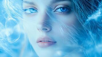 Serene face of a young woman with piercing blue eyes, ethereal beauty, and a soft blue color grade, creating an ethereal atmosphere. photo