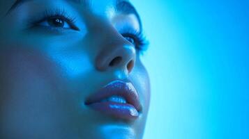 Close-up on a face under dramatic blue light, emphasizing striking features and soft, dewy skin for a captivating, modern aesthetic. photo