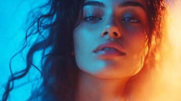 Striking portrait of a person, bathed in contrasting blue and orange light, emphasizing their features and creating a dramatic atmosphere. photo